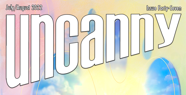 logo for Uncanny Magazine in white letters on pastel rainbow background