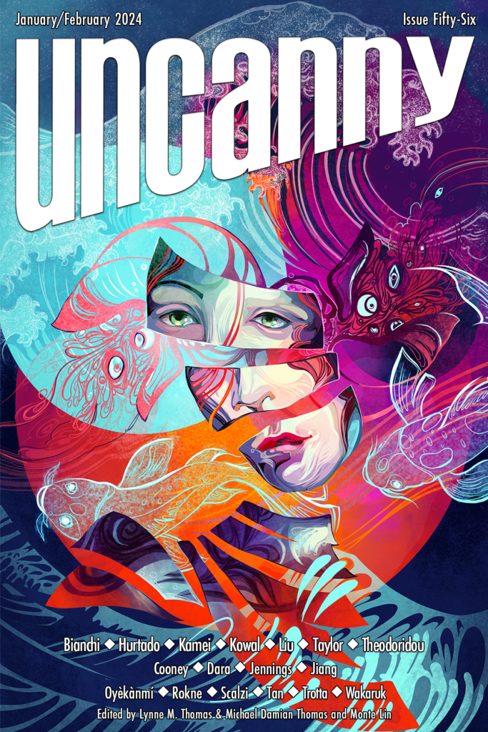 cover of issue 56 of uncanny magazine, featuring an abstract, colorful cubist face, moon, and animals