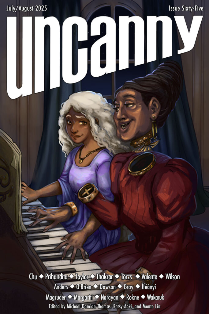 cover of uncanny magazine issue 65, a girl and android at a piano